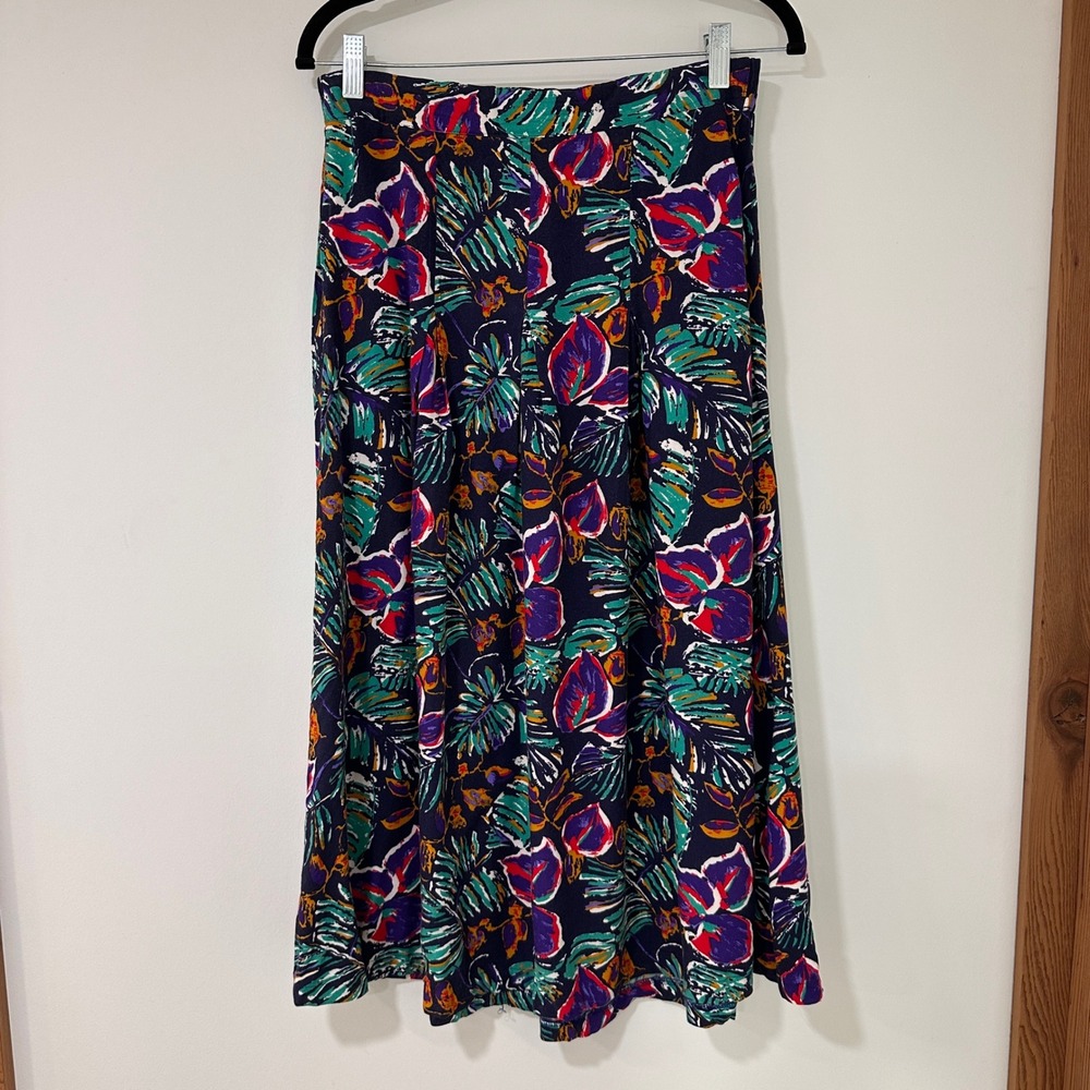 Maggie Lawrence Tropical Floral Midi Skirt Women Size M‎ Navy Blue Palm | Boho